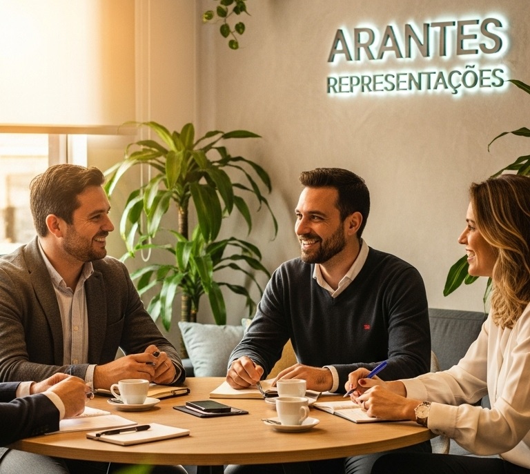 Equipe de representantes comerciais da Arantes Representações em reunião.